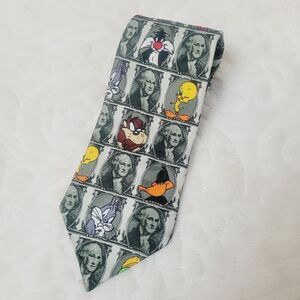 VTG Looney Toons Mania Funny Money Tie 1996 Dollar Bill Bugs Daffy Taz Friends